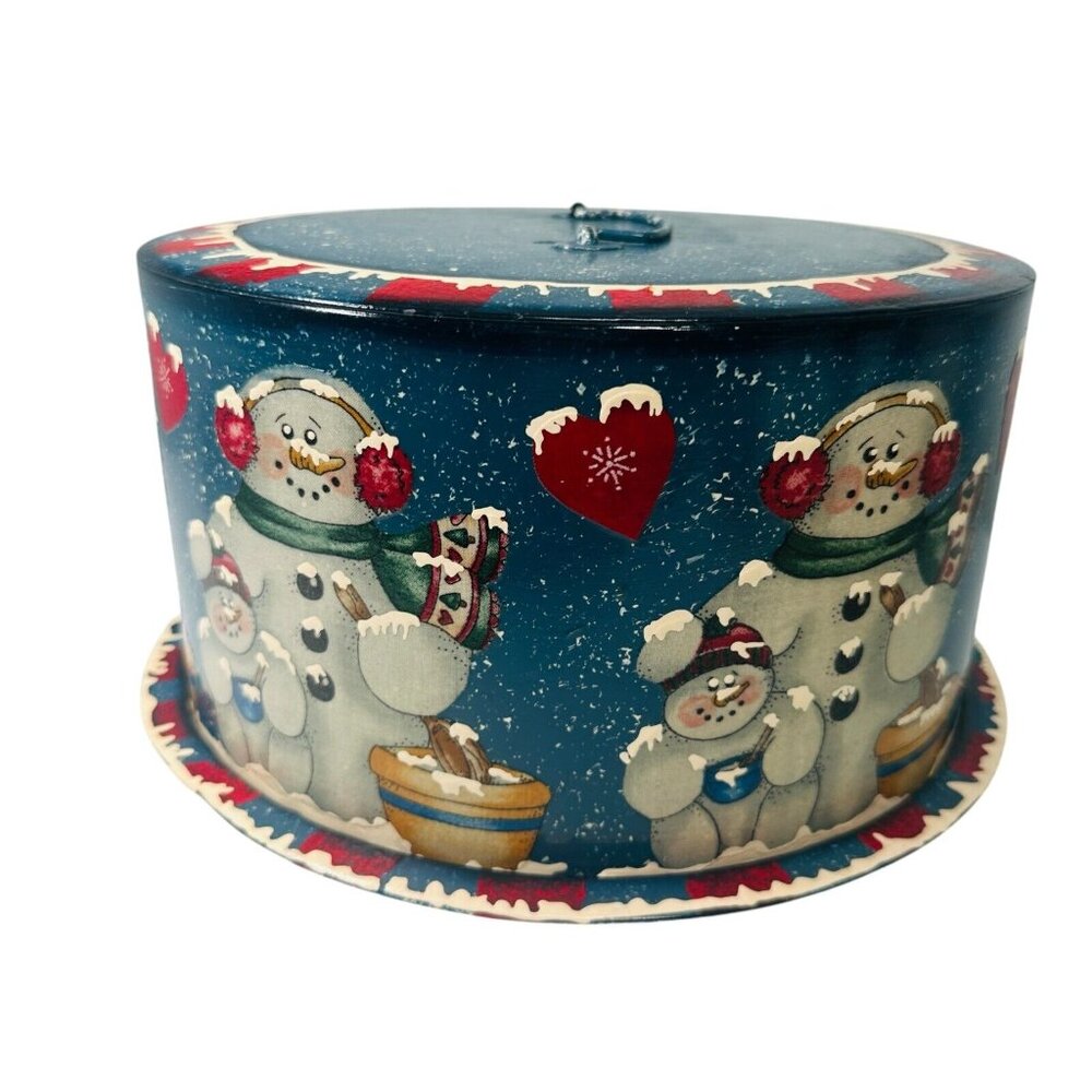 Vintage Metal Cake Carrier Christmas Holiday Snowman Painted - Picture 8 of 16